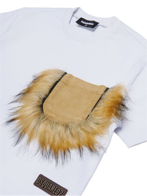 T-shirt bambina Dsquared2 bianca cropped con taschino in velluto Dsquared Kids | DQ3467D0AJ7DQ100